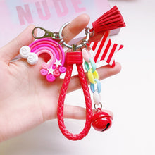 Load image into Gallery viewer, New Lovely Cute Rainbow Key Chain Leather Strap Braided Rope Tassel Keychain for Women Girl Bell Star Lollipop Bag Charm Pendant
