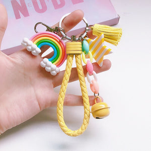 New Lovely Cute Rainbow Key Chain Leather Strap Braided Rope Tassel Keychain for Women Girl Bell Star Lollipop Bag Charm Pendant