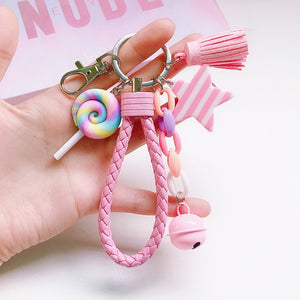 New Lovely Cute Rainbow Key Chain Leather Strap Braided Rope Tassel Keychain for Women Girl Bell Star Lollipop Bag Charm Pendant