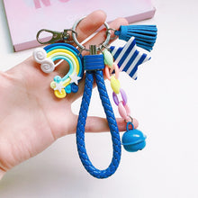 Load image into Gallery viewer, New Lovely Cute Rainbow Key Chain Leather Strap Braided Rope Tassel Keychain for Women Girl Bell Star Lollipop Bag Charm Pendant
