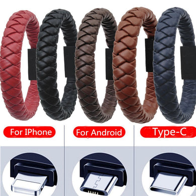 Outdoor Portable Leather Mini Type-C/8Pin/Micro USB Bracelet Charger Data Charging Cable Sync Cord For Iphone X 8 Samsung S9 S8