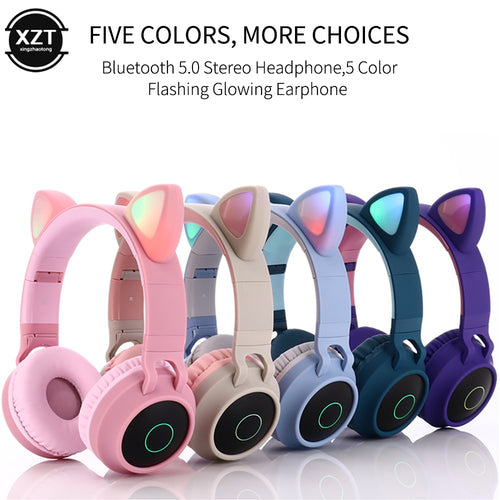 Cat Ear Bluetooth 5.0 Headphones LED Noise Cancelling Girls Kids Cute Headset Support TF Card Jack 3.5mm Mic Wireless Headphones